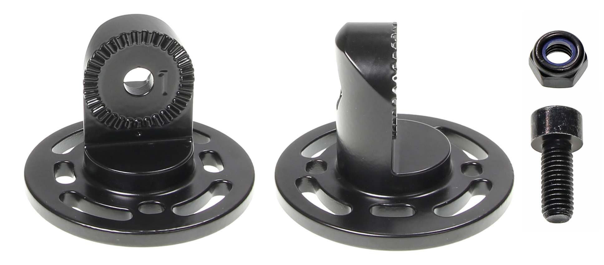 Brodit koncový úchyt děrovaný, průměr základny 64 mm, drobné ozubení, černý