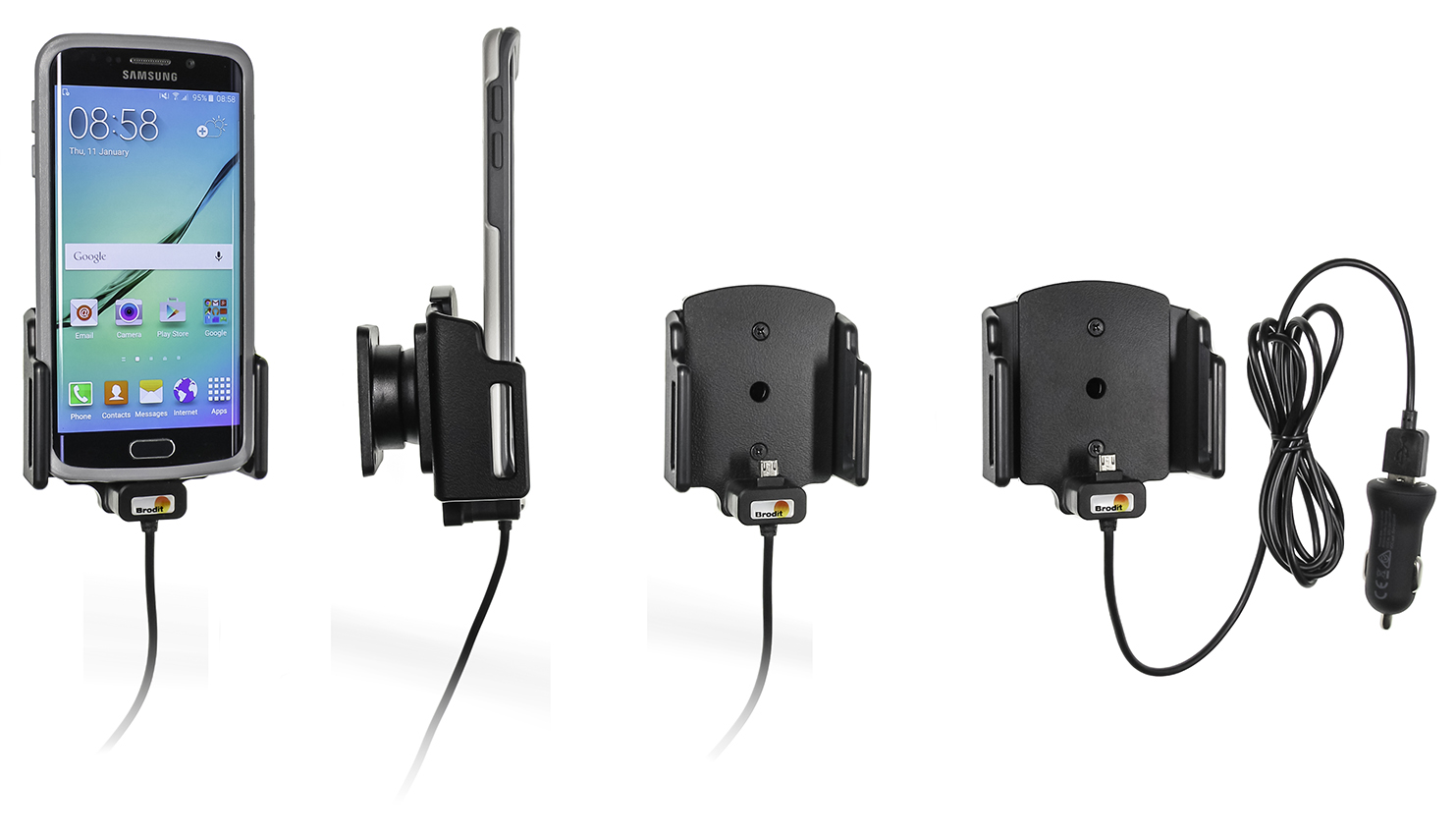 Brodit držák do auta nastavitelný s microUSB a nabíjením z cig. zapalovače/USB š.62-77 mm, tl. 6-10
