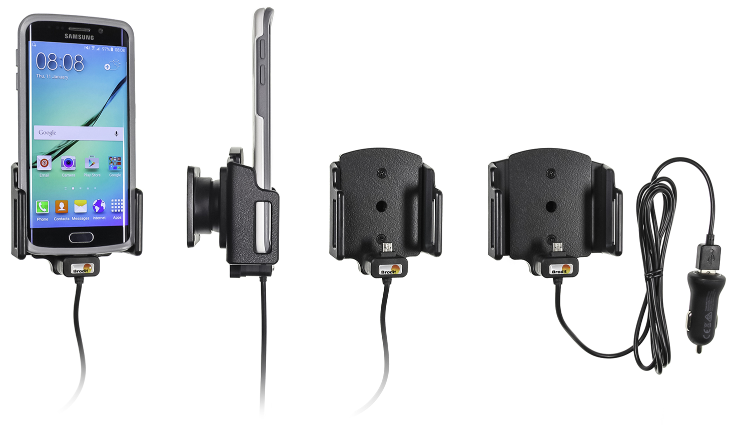 Brodit držák do auta nastavitelný s microUSB a nabíjením z cig. zapalovače/USB š. 62-77 mm, tl. 9-13