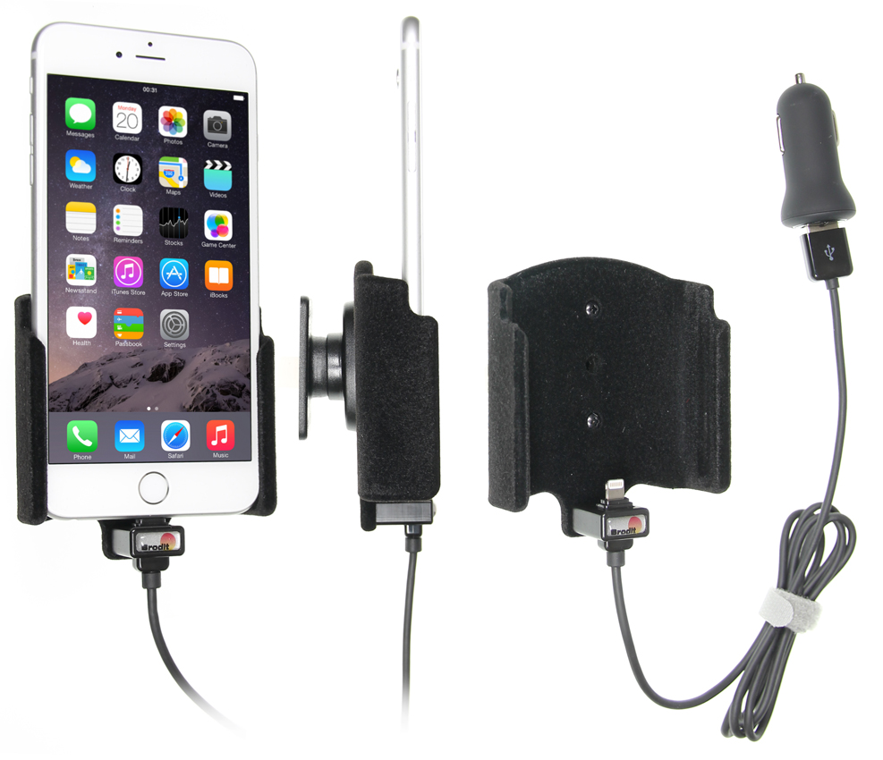 Brodit držák do auta na Apple iPhone Xs Max/8/7/6s/Plus bez pouzdra,s nabíjením z cig. zap/USB,samet