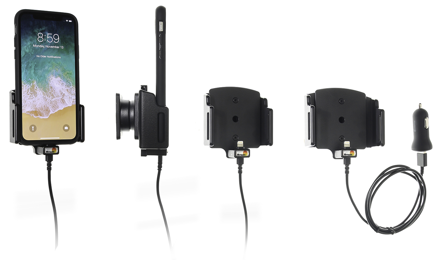 Brodit držák do auta na Apple iPhone 11/XR/Xs/X/8/7 v pouzdru, CL/USB, š. 70-83mm, tl.2-10mm