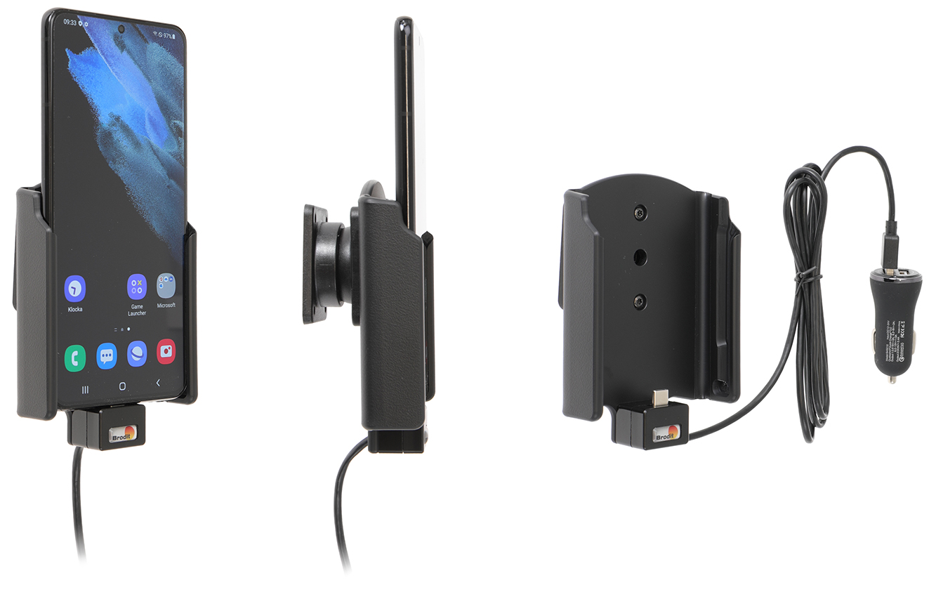 Brodit držák do auta na Samsung Galaxy S21+ 5G, bez pouzdra, s nabíjením z cig. zapalovače/USB