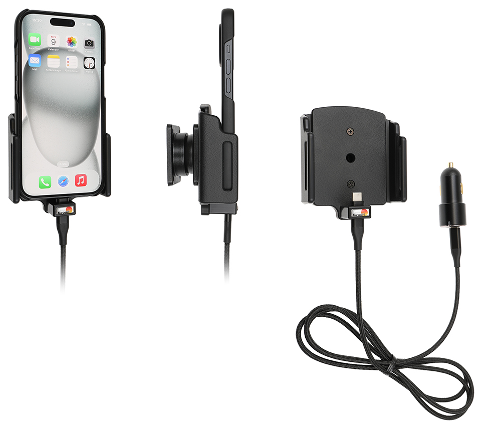 Brodit držák na iPhone 16 Pro/iPhone 16/iPhone 15/Pro, nastavitelný, tl.7-10, s nabíjením z CL/USB-C