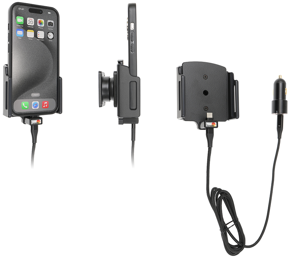 Brodit držák na iPhone 16 Pro/iPhone 16/iPhone 15/Pro, nastavitelný, tl.8-12, s nabíjením z CL/USB-C