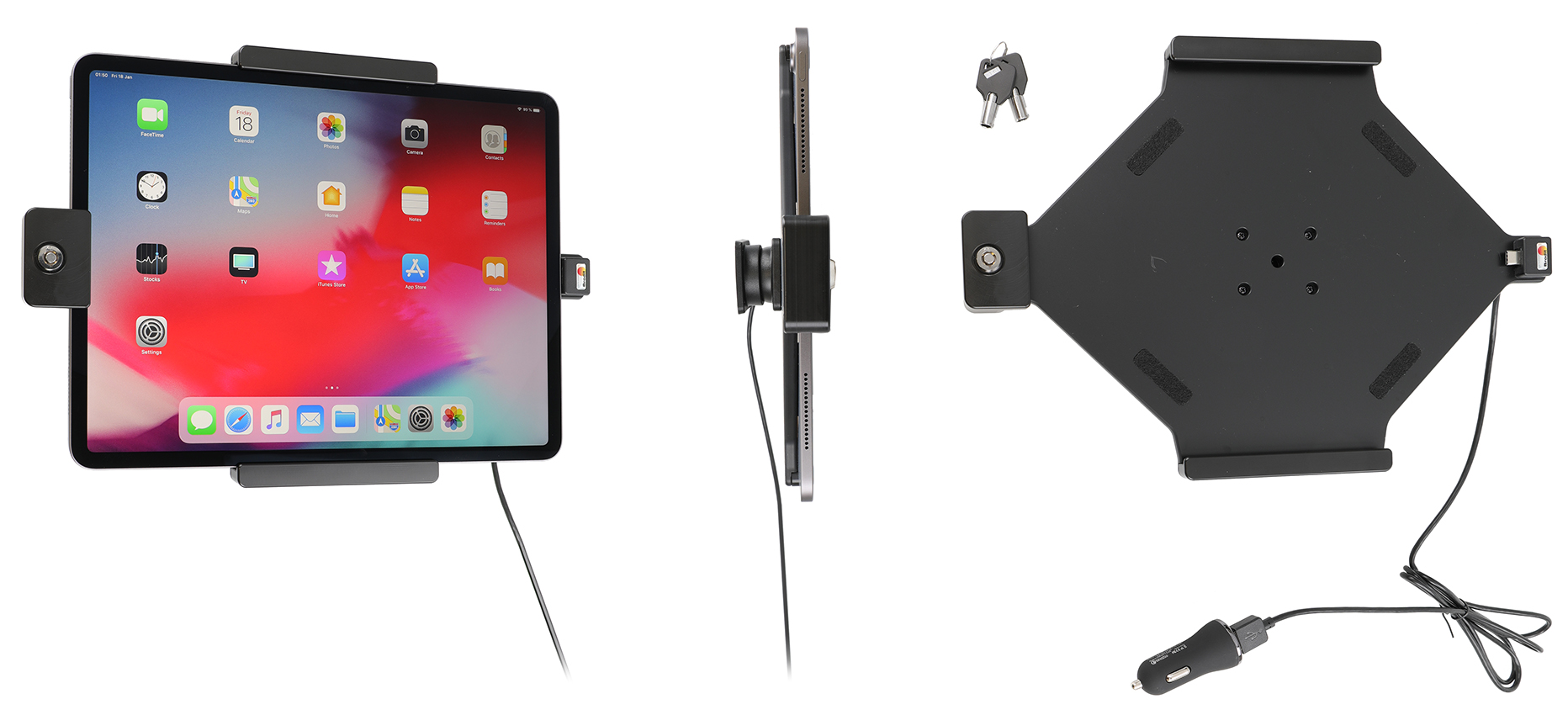 Brodit držák do auta na Apple iPad Pro 12,9” 2020/2018 bez pouzdra s nabíjením z cig.zap./USB/zámek